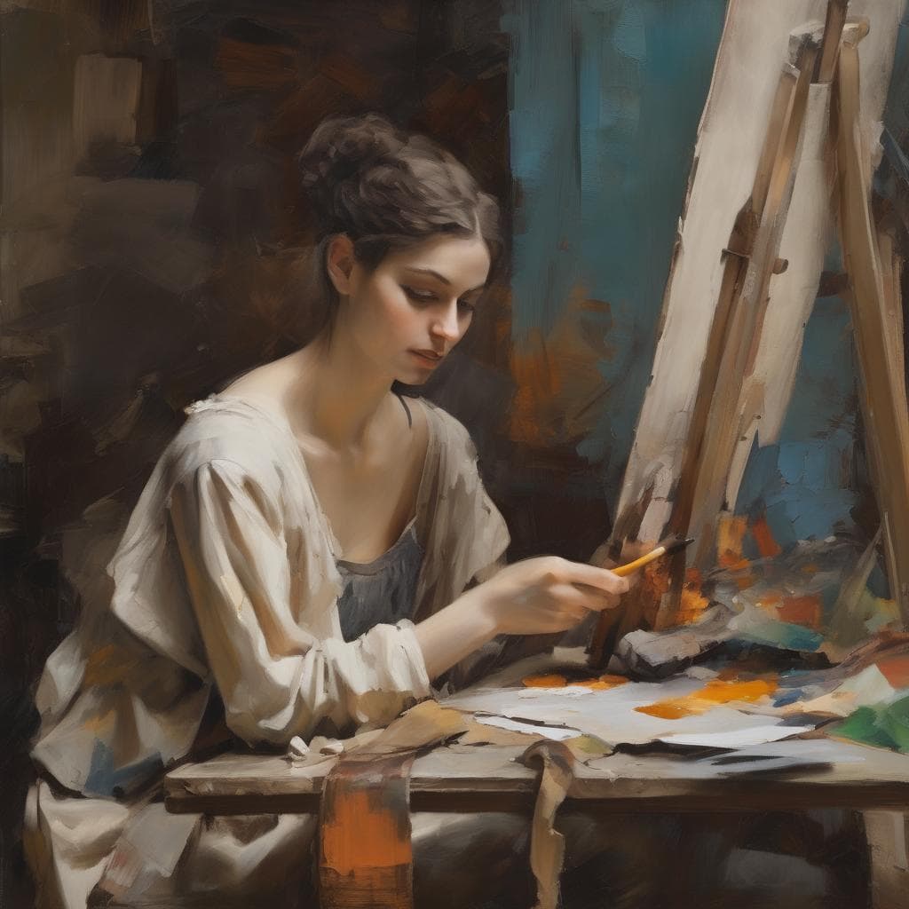 Ζεστή εικόνα νεαρής γυναίκας ζωγράφου που δημιουργεί έργα τέχνης σε στούντιο με καμβά και πινέλα, εκφράζοντας τέχνη και έκφραση.