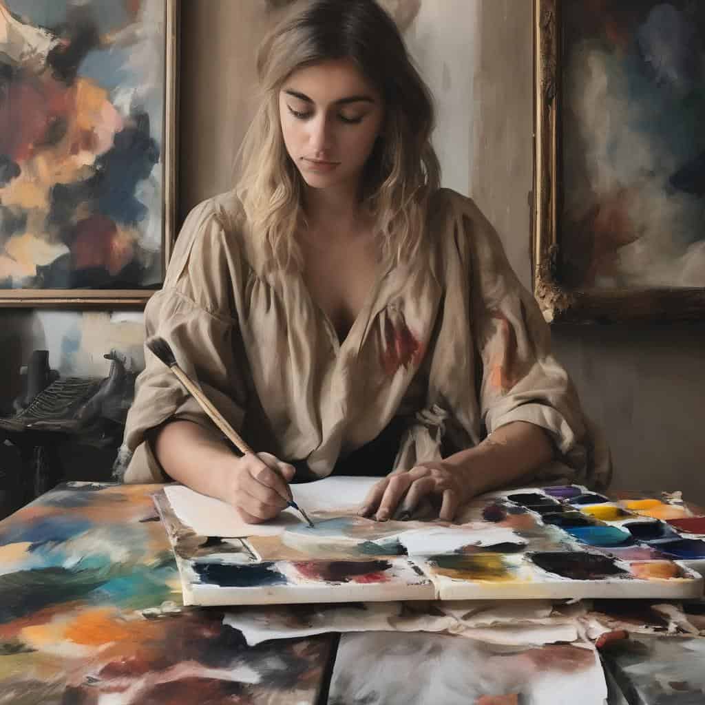 Ζωγράφος γυναίκα που δημιουργεί τέχνη και έκφραση με βιογραφίες, σε καλλιτεχνικό χώρο.