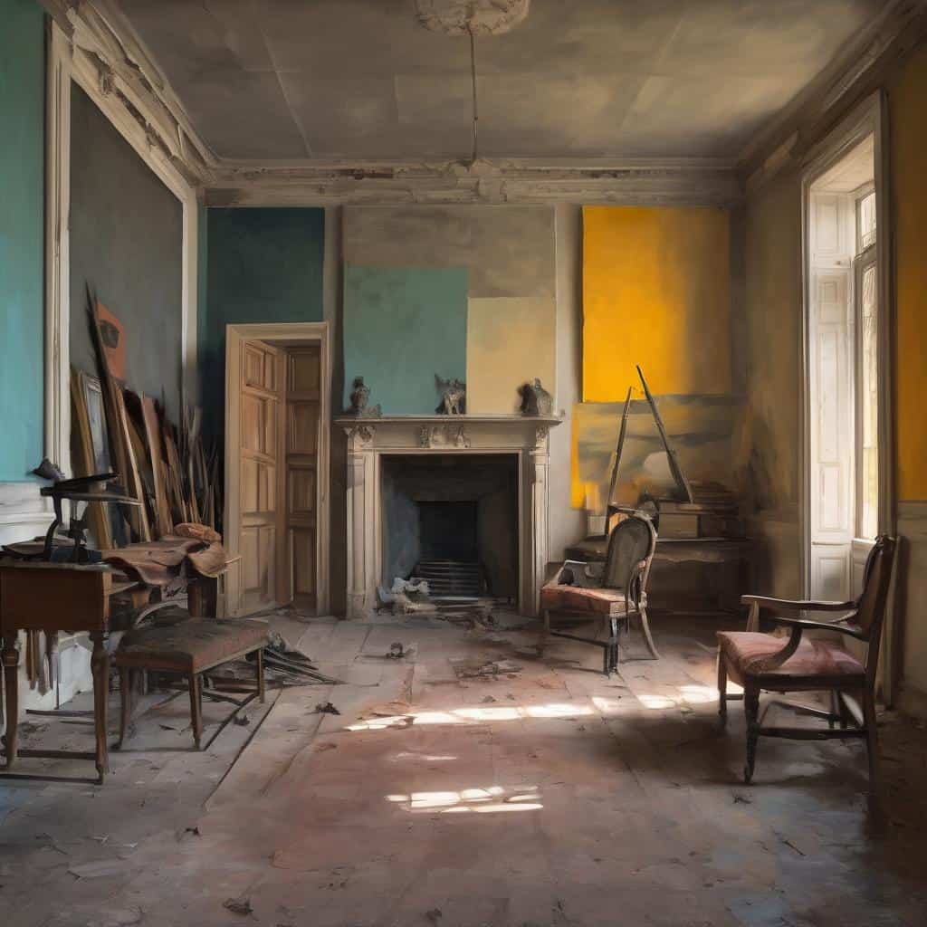 Παλιό εσωτερικό χώρος με ερειπωμένο τζάκι και αντικείμενα τέχνης, αναδεικνύοντας την τέχνη και έκφραση μέσα από βιογραφίες.
