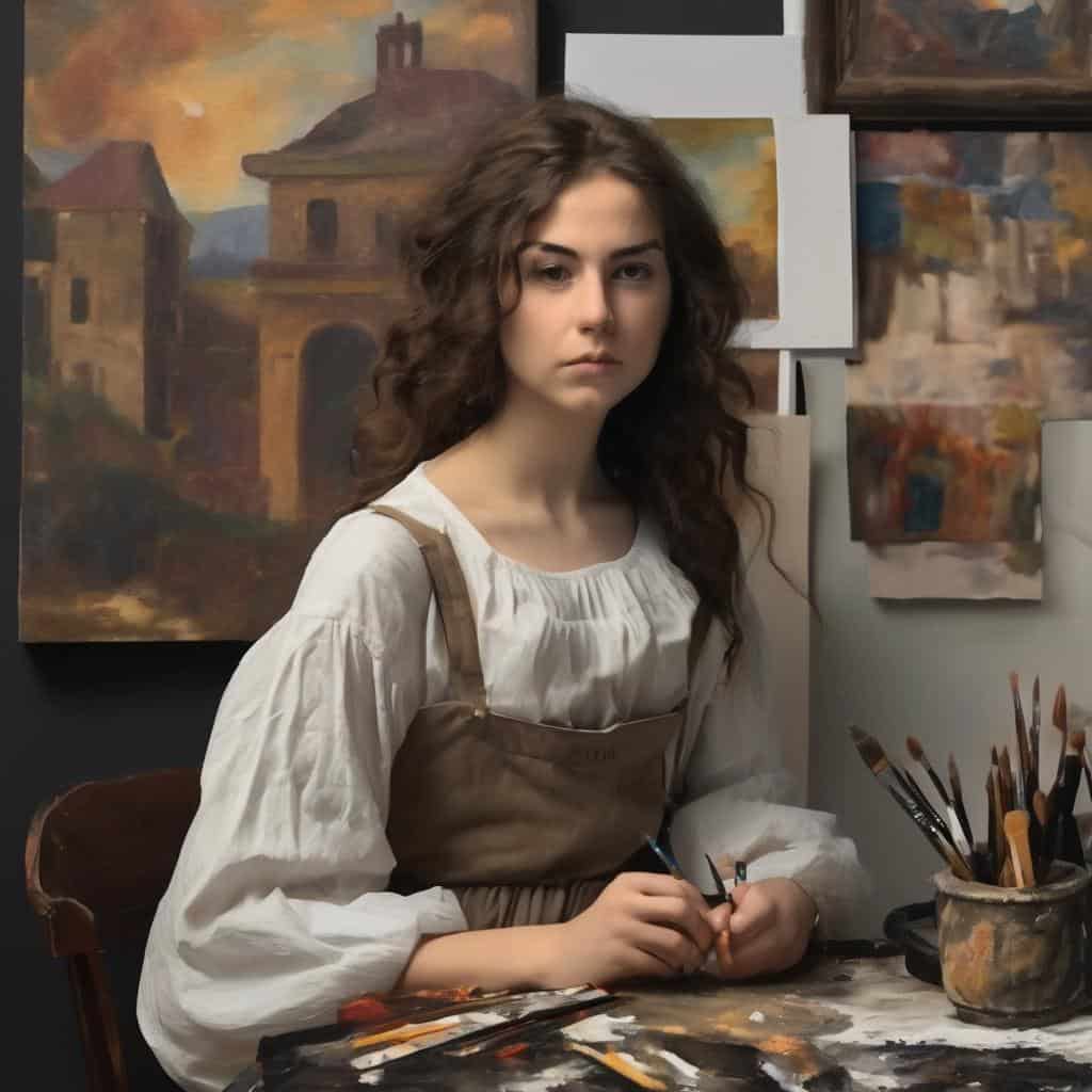 Ομορφη νεαρή γυναίκα σε στούντιο ζωγραφικής, δημιουργία τέχνης και έκφραση μέσα από βιογραφίες καλλιτεχνών.