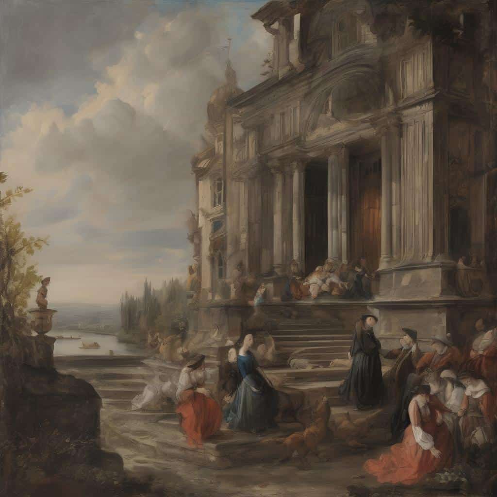 Παλαιοκτίριο με κλασική αρχιτεκτονική και ανθρώπους στη βόλτα, εικόνα τέχνης και έκφρασης από βιογραφίες καλλιτεχνών.