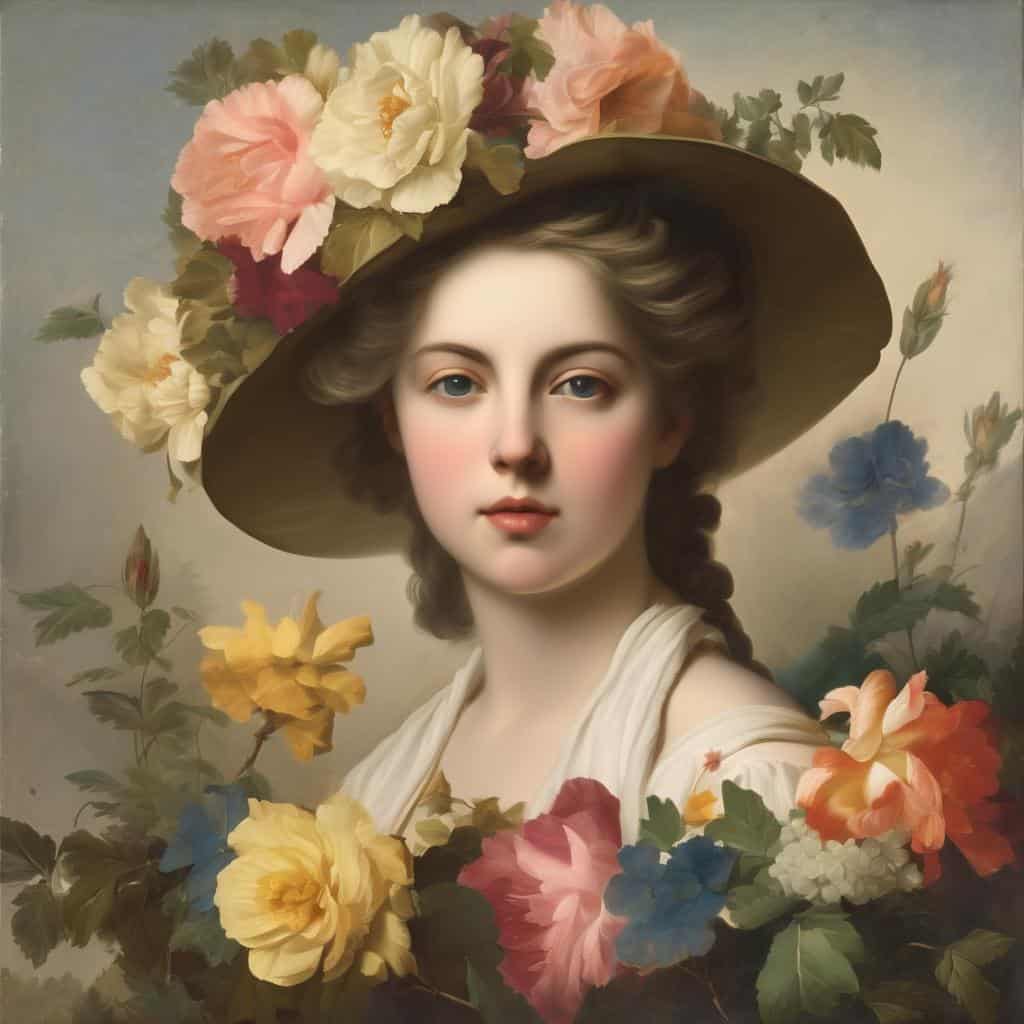 Ουάου, ένα όμορφο πορτρέτο γυναίκας με καπέλο και λουλούδια, ιδανικό για τέχνη, έκφραση και βιογραφίες.