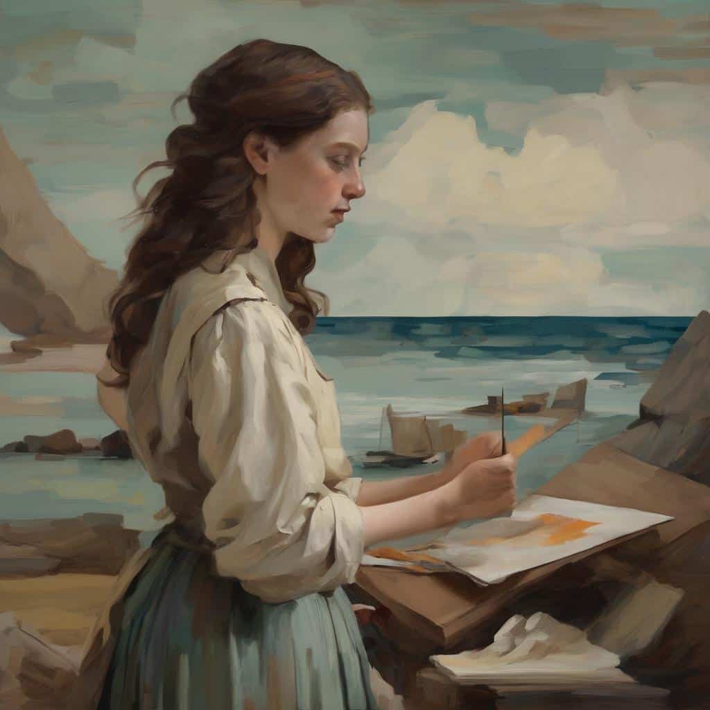 Ζεστή θάλασσα και καλοκαίρι, νεαρή καλλιτέχνιδα ζωγραφίζει στοπcanvas στην παραλία, αποτυπώνοντας την τέχνη και την έκφραση.